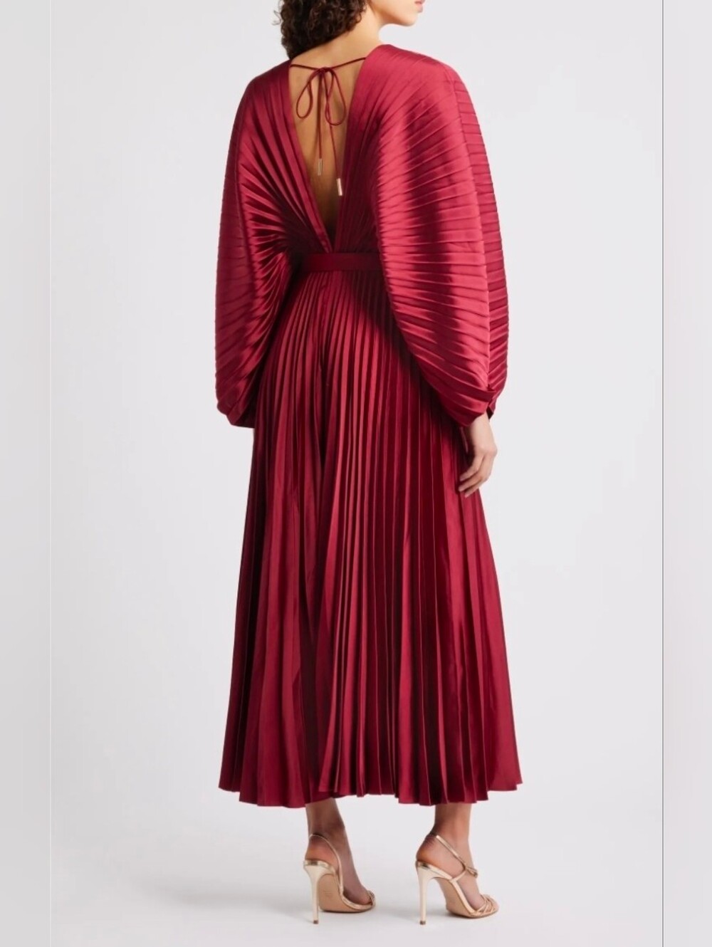 ACLER Red Pleated Wonastow Long Sleeve Draped Open Back Evening Maxi Dress - Picture 2 of 15